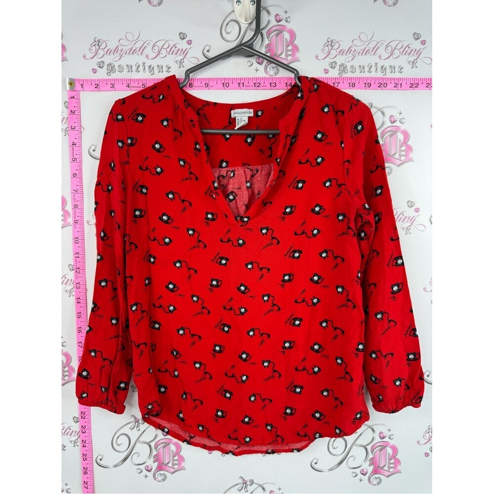 Paraphrase top blouse phones retro phone Red V-Neck Printed Blouse